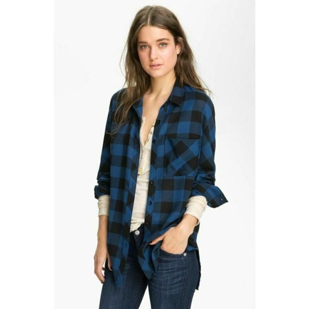 Trouve Black and Blue Plaid Button Down Boyfriend Shirt Size Medium